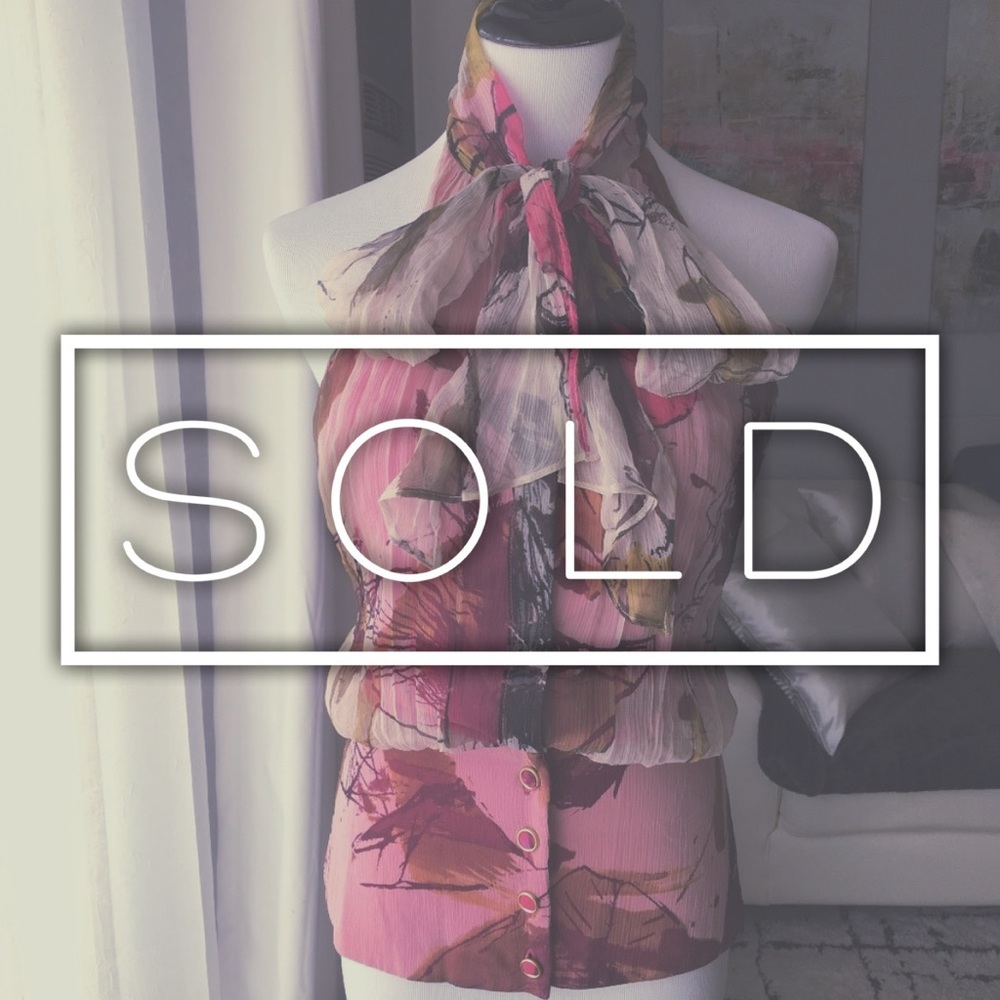 Black Halo Floral Silk Necktie Halter Top Blouse